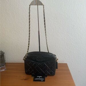 Authentic Chanel Black Patent Camera Quilted Shoulder Bag with Card